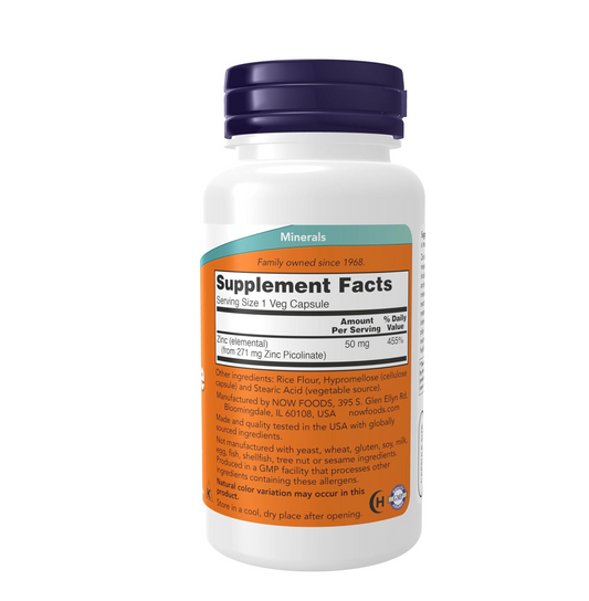 NOW Foods Supplements, Zinc Picolinate 50 mg, Supports Enzyme Functions*, Immune Support*, 120 Veg Capsules (Packaging may vary)