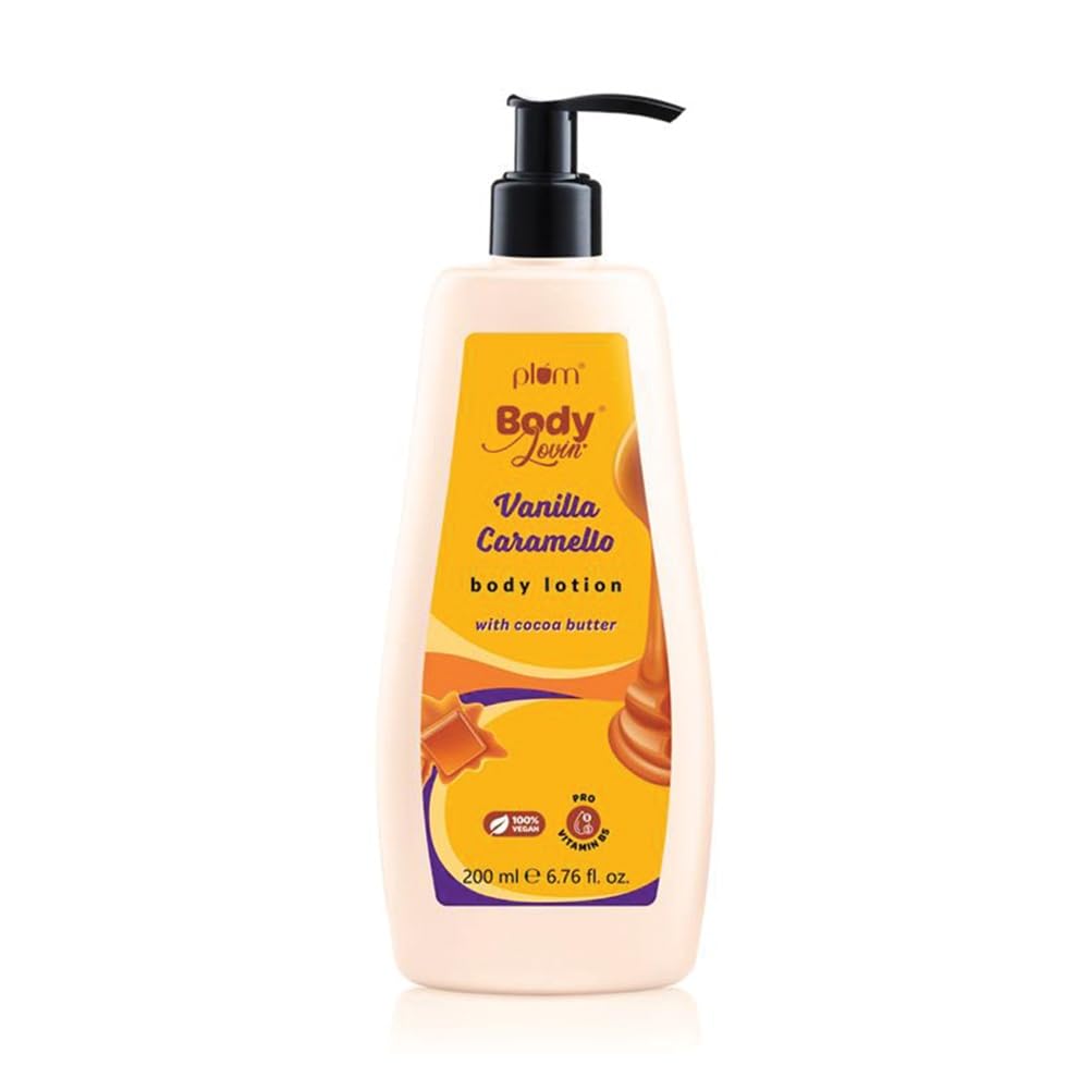 Plum BodyLovin' Vanilla Caramello Body Lotion | Cocoa Butter & Vitamin B5 for Deep Moisturization | Non-Greasy | Soft & Glowing Skin | for Dry to Very Dry Skin | Warm & Cozy Vanilla Fragrance â€“ 200ml | Exclusively Available on Amazon