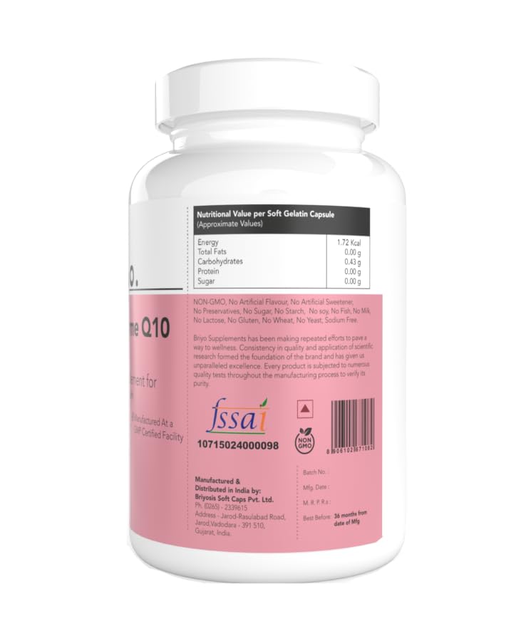 Briyo CoQ10 200 mg Ubiquinone â€“ High Absorption Coenzyme Q10 Supplement for Heart Health, Energy & Antioxidant Support â€“ Naturally Fermented, Gluten-Free â€“ 60 Capsules