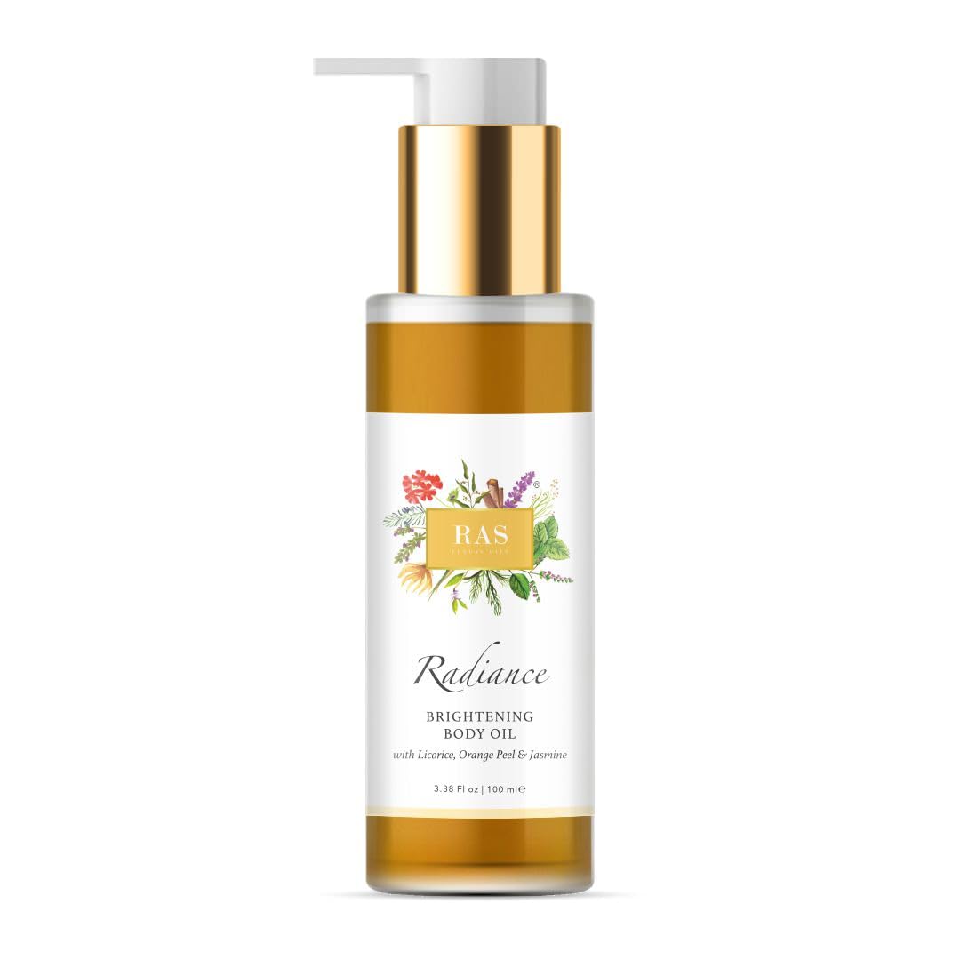 Ras Luxury Oils Radiance Brightening Body Oil with Orange Peel & Jasmine | Fast Absorbing, Non-Greasy & Lightweight | After Bath Massage Oil for Healthy Radiant Skin, 100ml