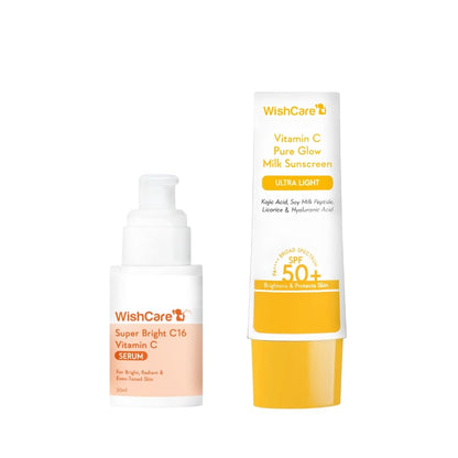 WishCare Super Bright Vitamin C Face Serum and Vitamin C Pure Glow Milk Sunscreen with SPF 50 PA+++(30ml + 50ml), All Skin Type