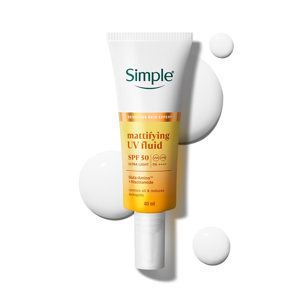 Simple Mattifying UV Fluid |SPF 50 PA++++ | With Niacinamide & GlutaAmino Technology| Sunscreen for Oily Skin & Dark Spots |Ultra Lightweight & Non-Sticky | UVA UVB & Bluelight protection | 40ml