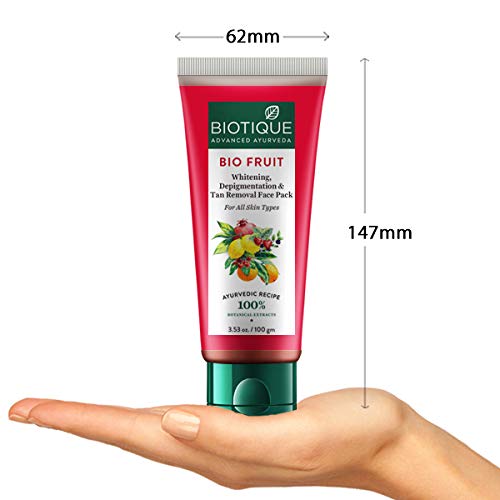 Biotique Fruit Brightening Depigmentation and Tan Removal Face Pack| Ayurvedic and Organically Pure| Tan Removal Face Pack for All Skin Types|100% Botanical Extracts| 100gm