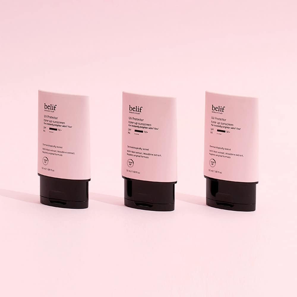 Belif UV Protector Tone Up Sunscreen, 2-in-1 Tone Up Sunscreen SPF 50+ PA++++ â€“ Broad Spectrum UV Protection with Instant Glow | Hydrating, Water-Resistant, Pink-Toned Primer for All Skin Types | 50ml
