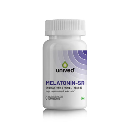 Unived Melatonin-SR | USA's 1st slow-release Melatonin | 5mg Melatonin and 100mg L-theanine | 30 Vegan Capsules