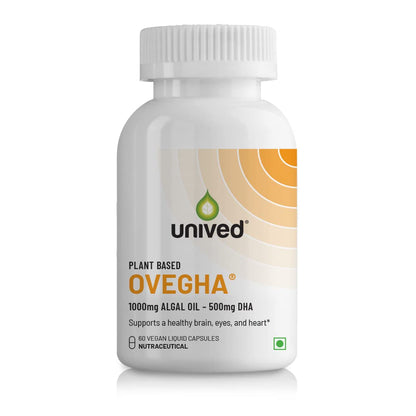 Unived Ovegha Vegan Omega-3 DHA | 1000mg Algae Oil 500mg DHA Per Serving (highest DHA/serving) | for Heart, Hair, Skin, Joint, Brain & Eye Health | 60 Vegan Capsules