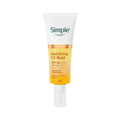 Simple Mattifying UV Fluid |SPF 50 PA++++ | With Niacinamide & GlutaAmino Technology| Sunscreen for Oily Skin & Dark Spots |Ultra Lightweight & Non-Sticky | UVA UVB & Bluelight protection | 40ml
