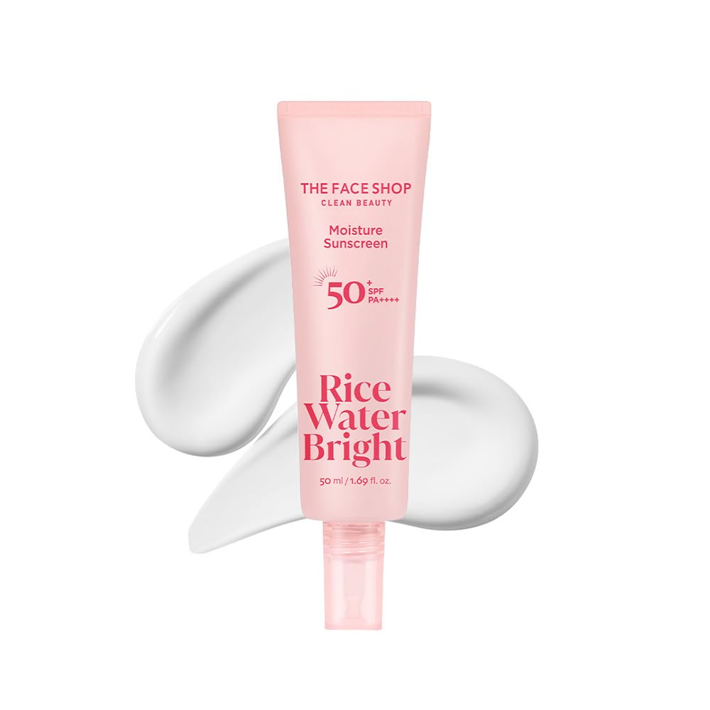 The Face Shop Rice Water Bright Sunscreen SPF 50+ PA++++ with Vitamin B5 Panthenol | Hydrating Korean Sun Cream for Glass Skin & Brightening | No White Cast, Non-Sticky Moisturizer, 50ml