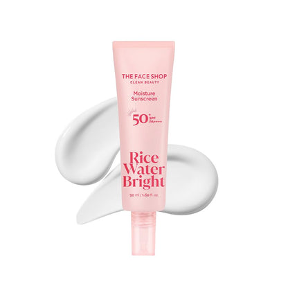 The Face Shop Rice Water Bright Sunscreen SPF 50+ PA++++ with Vitamin B5 Panthenol | Hydrating Korean Sun Cream for Glass Skin & Brightening | No White Cast, Non-Sticky Moisturizer, 50ml