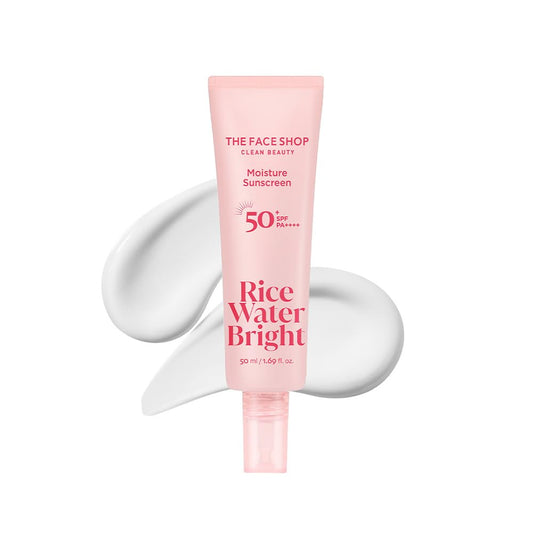 The Face Shop Rice Water Bright Sunscreen SPF 50+ PA++++ with Vitamin B5 Panthenol | Hydrating Korean Sun Cream for Glass Skin & Brightening | No White Cast, Non-Sticky Moisturizer, 50ml