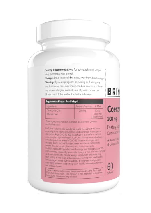 Briyo CoQ10 200 mg Ubiquinone â€“ High Absorption Coenzyme Q10 Supplement for Heart Health, Energy & Antioxidant Support â€“ Naturally Fermented, Gluten-Free â€“ 60 Capsules