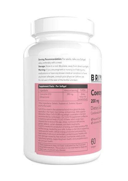 Briyo CoQ10 200 mg Ubiquinone â€“ High Absorption Coenzyme Q10 Supplement for Heart Health, Energy & Antioxidant Support â€“ Naturally Fermented, Gluten-Free â€“ 60 Capsules