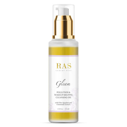 RAS Luxury Oils Gleam- Pollution & Makeup Melting Cleansing Oil; Enriched With Olive Oil, Moringa & Chamomile Extracts; Melts Makeup, Removes Dirt and Buildup, Calms & Brightens the Skin ; 50 ml