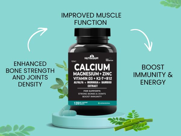 Nutrasium | Calcium & Vitamin D3 Tablets | Calcium Magnesium Zinc D3 & K2 with B12 & Folic Acid | Alfalfa, Moringa & Bamboo Leaves Extract | For Strong Bone & Joint Support | 60 Tablets