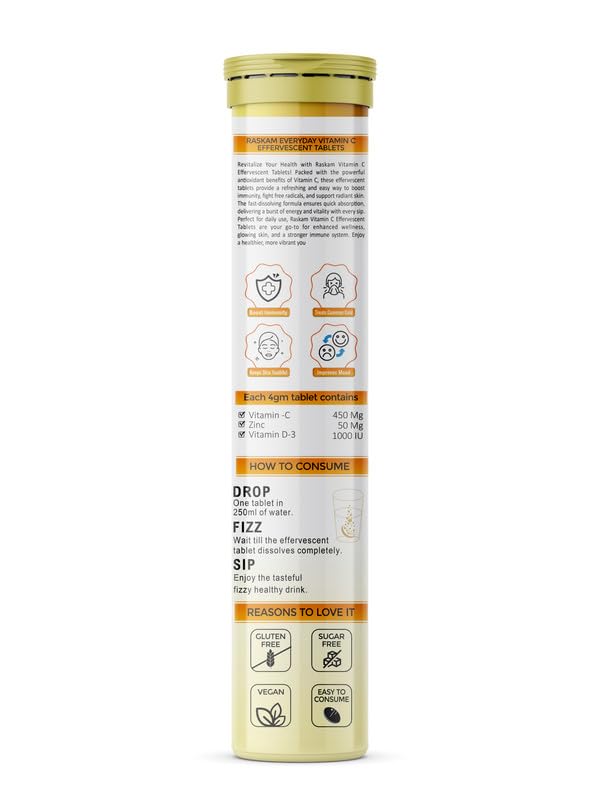 Vitamin C + Zinc, Fizz 15 Effervescent Tablets, Orange Flavour | 500mg (Pack of 1) | Supports Acne Free Skin for Women & Men | Rich in Antioxidants | Boosts Energy & Immunity