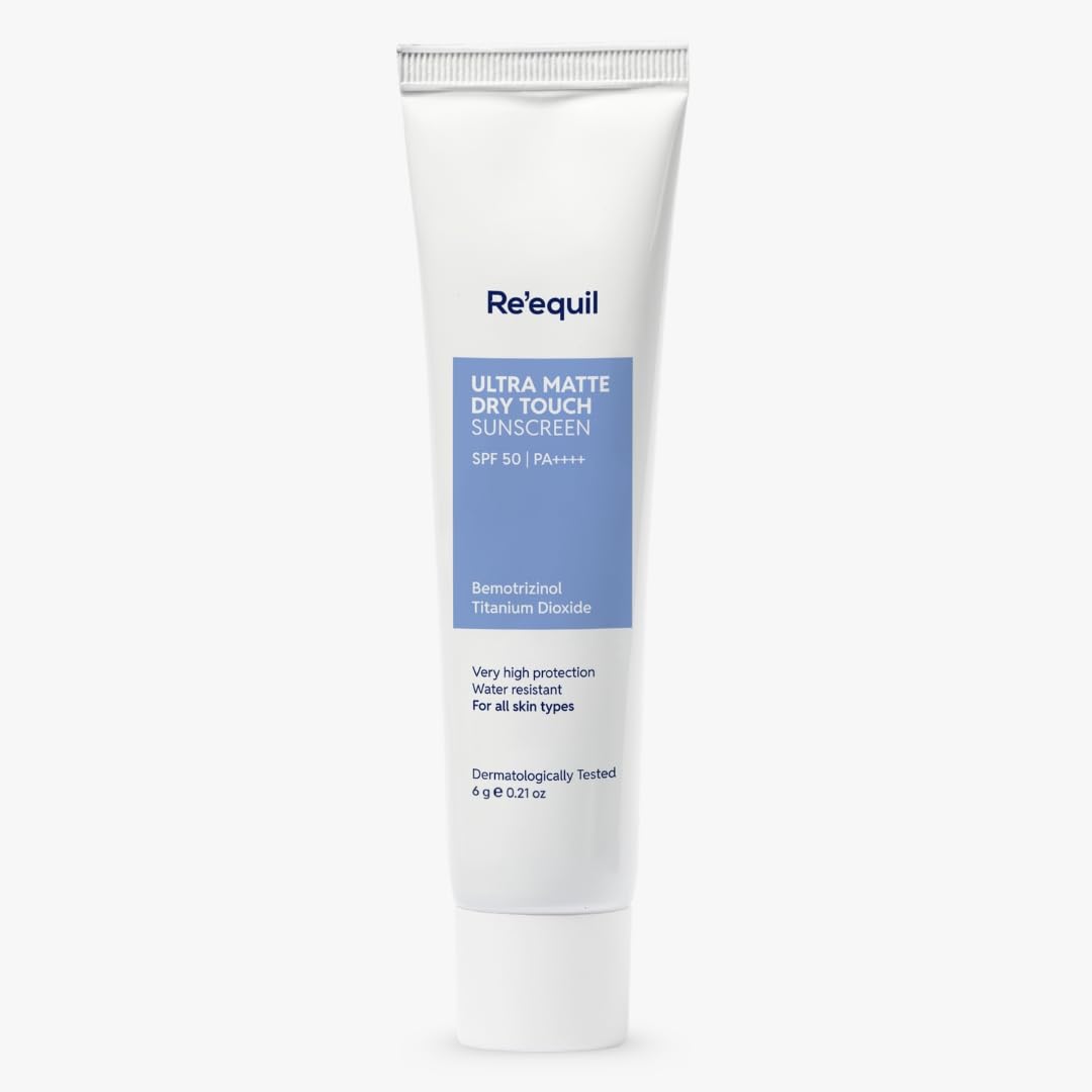 RE' EQUIL Ultra Matte Dry Touch Sunscreen | SPF 50 PA++++ | Water & Sweat Resistant | No White Cast, Non-Greasy & Non-Comedogenic | For All Skin Types | 6G (Trial Pack)