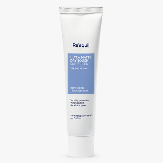 RE' EQUIL Ultra Matte Dry Touch Sunscreen | SPF 50 PA++++ | Water & Sweat Resistant | No White Cast, Non-Greasy & Non-Comedogenic | For All Skin Types | 6G (Trial Pack)