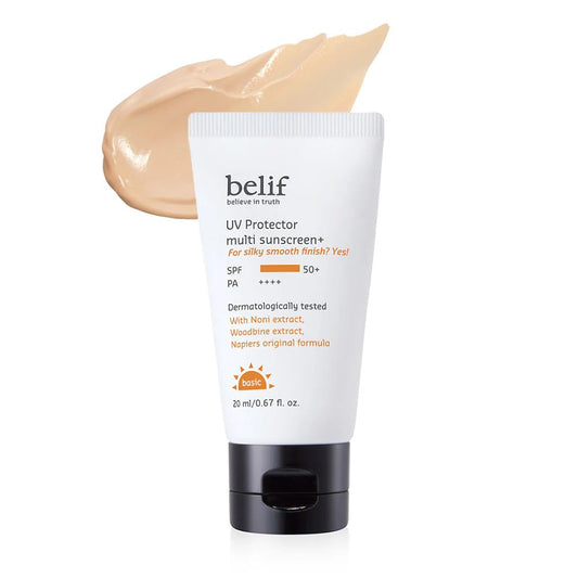 Belif UV Protector Multi Tinted Sunscreen | Broad Spectrum SPF | Hybrid Filters with Natural Herbs | No White Cast, Water & Sweat Resistant | Brightening, Anti-Aging & Makeup Friendly, 20ml