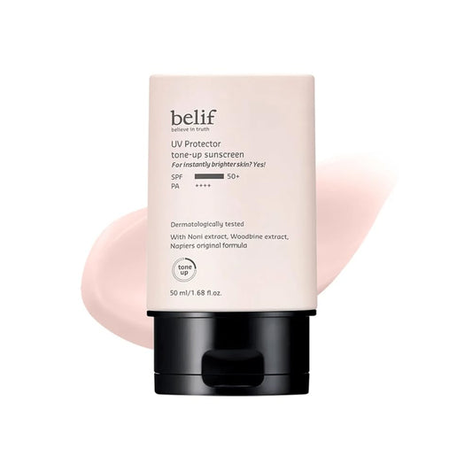 Belif UV Protector Tone Up Sunscreen, 2-in-1 Tone Up Sunscreen SPF 50+ PA++++ â€“ Broad Spectrum UV Protection with Instant Glow | Hydrating, Water-Resistant, Pink-Toned Primer for All Skin Types | 50ml