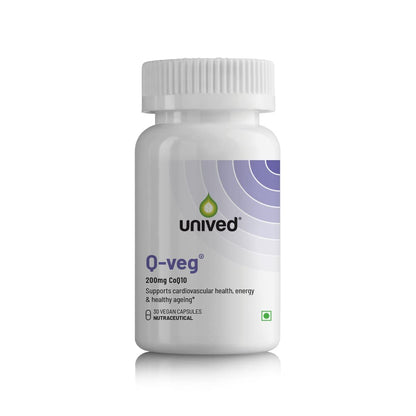 Unived Q-Veg, Natural Fermented CoEnzymeQ10 for Heart Health & Potent Anti-oxidant Activity, Highly Bio-Available with Piperine, 200mg Elemental CoQ10-30 caps