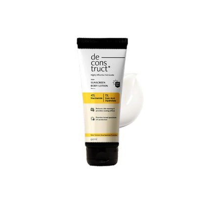 Deconstruct Detan Sunscreen Body Lotion SPF 50 PA++++ | Broad Spectrum UVA and UVB Protection| Lightweight , Water-Resisitent , Non-Greasy Formula | With Kojic Acid & Niacinamide for Reducing Tan Lines & Skin Brightening | All Skin types | 90 ml