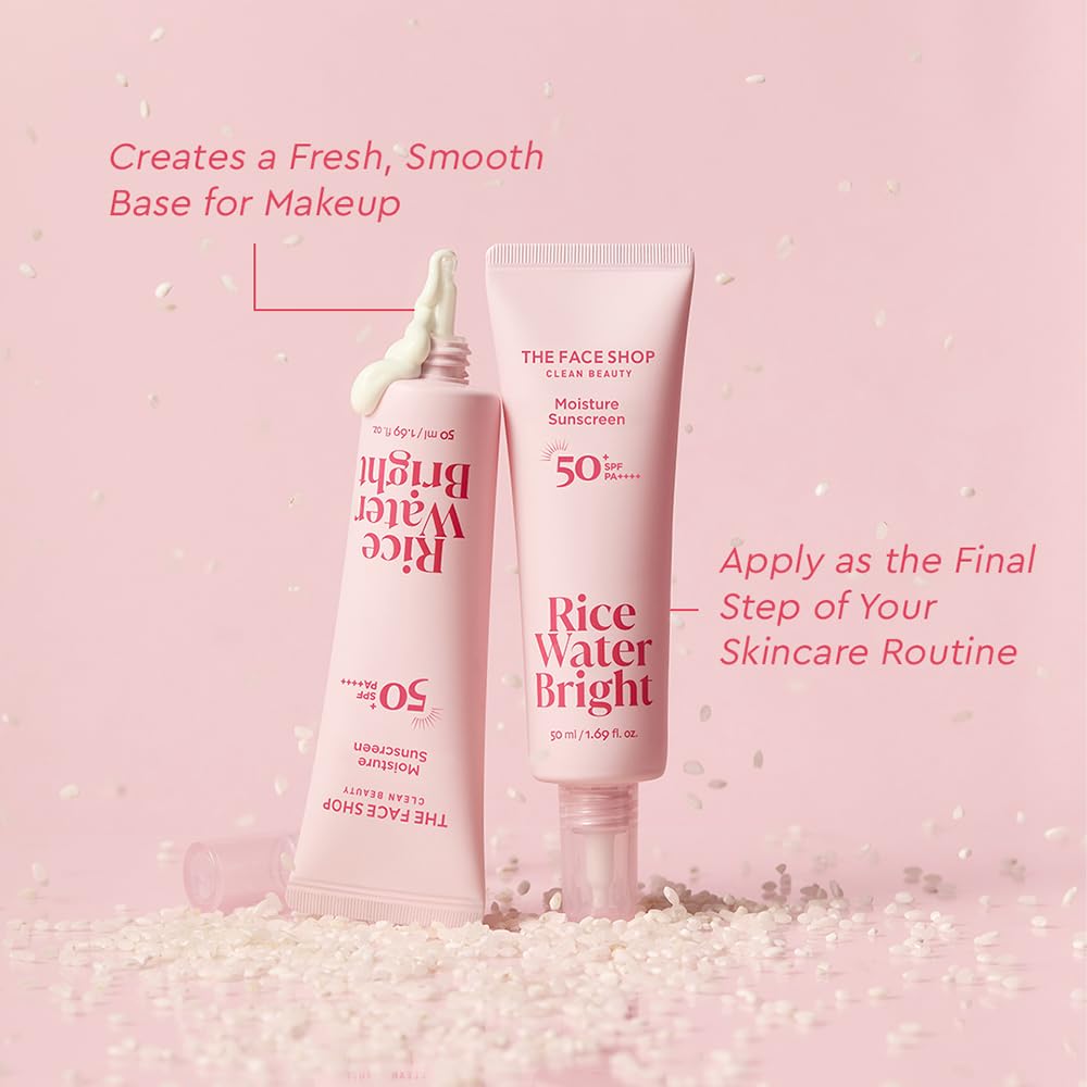 The Face Shop Rice Water Bright Sunscreen SPF 50+ PA++++ with Vitamin B5 Panthenol | Hydrating Korean Sun Cream for Glass Skin & Brightening | No White Cast, Non-Sticky Moisturizer, 50ml