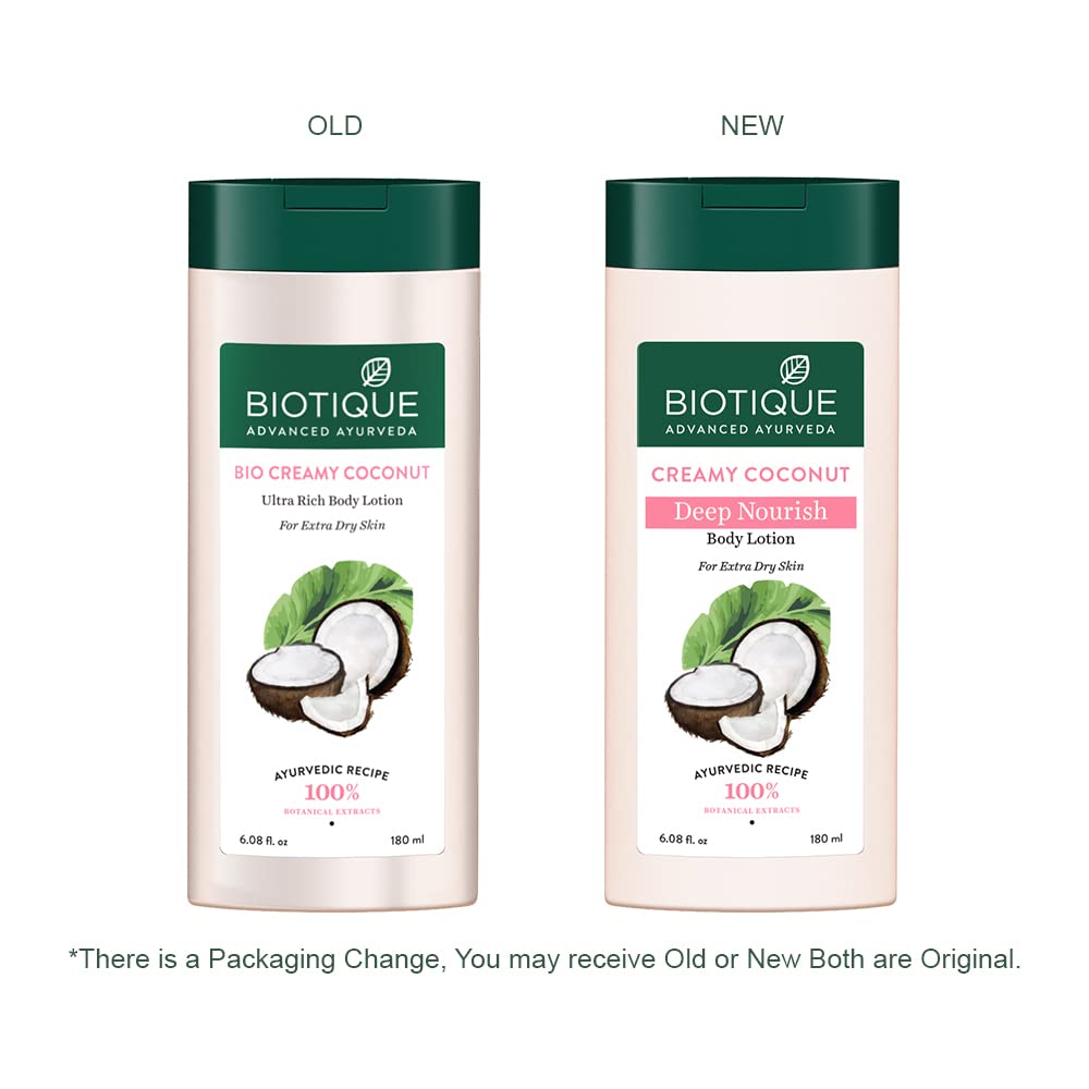 Biotique Creamy Coconut Deep Nourish Body lotion For Extra Dry Skin | Heals, Repairs, and Soothes the Skin | Moisturizing and Skin-Humidifying | 100% Botanical Extracts| All Skin Types | 180ml