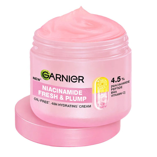 Garnier Fresh & Plump Niacinamide Sorbet Moisturizer Cream, 4.5% Niacinamide + Peptide + BHA + Vitamin C, 9x Lighter Sorbet Cream, For Hydrated and Plump Skin, Suitable for Oily to Normal & Combination Skin, 45g