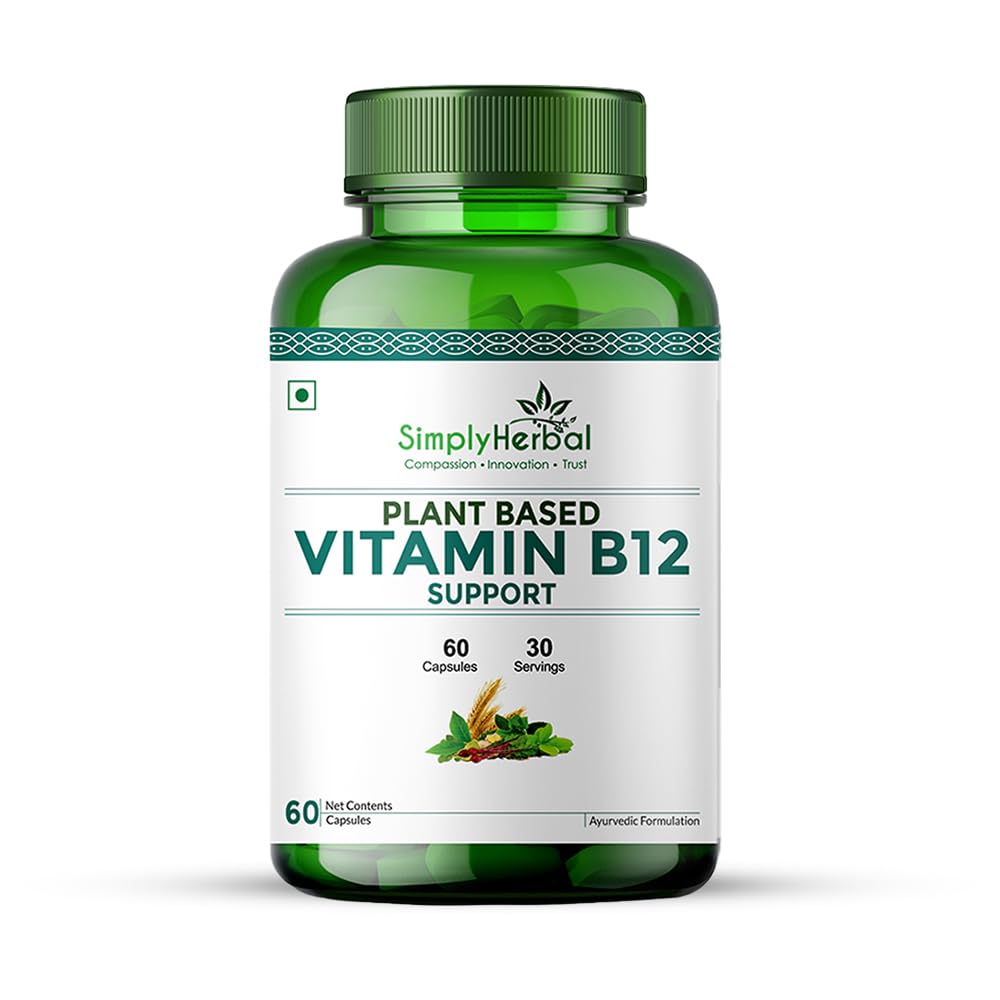 Simply Herbal Plant Based Vitamin B12 Capsules Improves Your Brain Function & Nervous System for Men & Women, (60 Capsules)