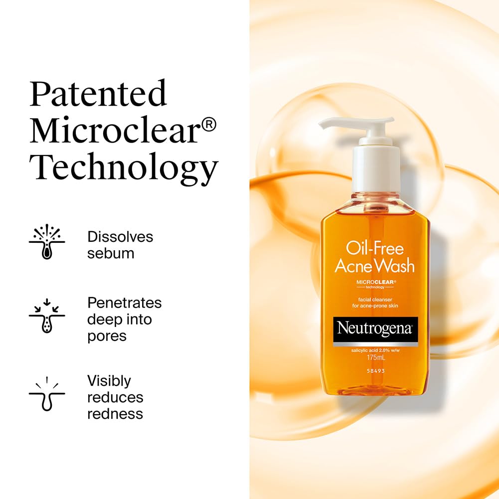 Neutrogena Oil Free Acne Wash | 2% Salicylic Acid Deep Cleansing Face Wash for Oily Skin|Hydrating, Alcohol Free, Non Comedogenic & Dermatologically Tested | For Oily Acne Prone Skin |For Men & Women 175ml