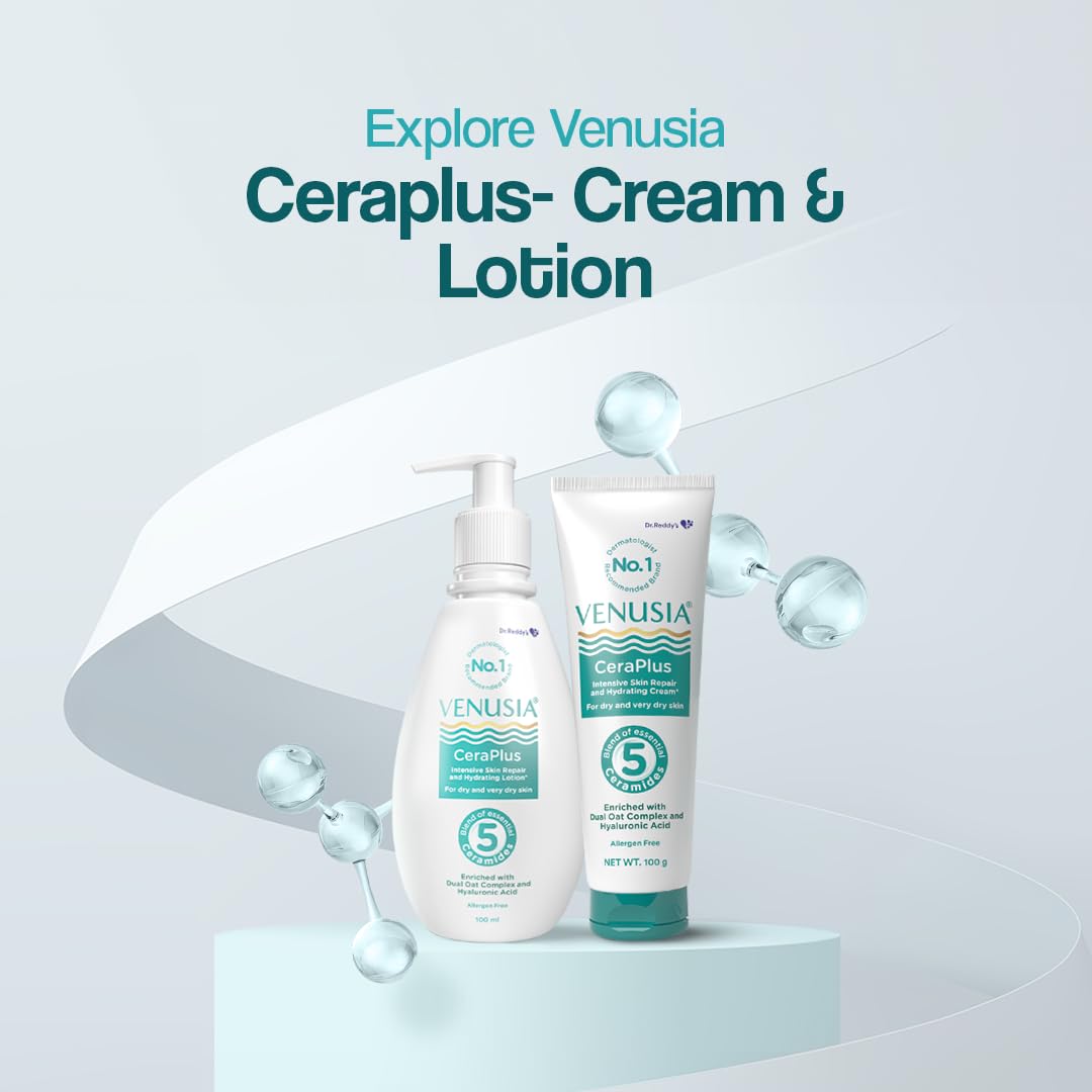 Dr. Reddy's Venusia CeraPlus Moisturizing Lotion For Dry Skin - Formulated With 5 Essential Ceramides, Oat Complex, Hyaluronic Acid | Hypoallergenic and Fragrance-Free | 100ml