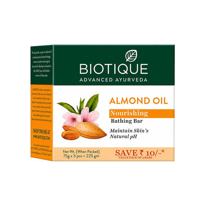 Biotique Almond Oil Nourishing Bathing Bar| Ayurvedic and Organically Pure| Maintains Skinâ€™s Natural pH |100% Botanical Extracts| Suitable for All Skin Types | Pack of 3, 225 g (3 x 75 g)