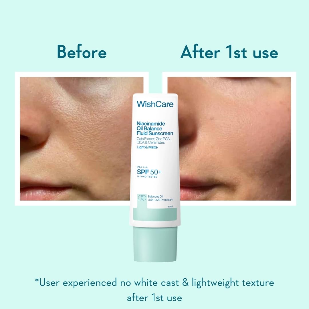 WishCare Niacinamide Oil Balance Fluid Sunscreen SPF 50 PA++++ In-Vivo Tested | 8Hrs+ SPF Protection | Lightweight, Matte & No White Cast | Sunscreen SPF 50 For Oily Skin, Sensitive, Dry & Combination Skin | For Women & Men | 50 ml