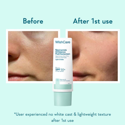WishCare Niacinamide Oil Balance Fluid Sunscreen SPF 50 PA++++ In-Vivo Tested | 8Hrs+ SPF Protection | Lightweight, Matte & No White Cast | Sunscreen SPF 50 For Oily Skin, Sensitive, Dry & Combination Skin | For Women & Men | 50 ml