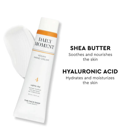 The Face Shop Daily Moment Vegan Hand Cream Sunset Rooftop with Hyaluronic Acid & Shea Butter, Non-Greasy & Quick absorbing hand care cream, 30ml