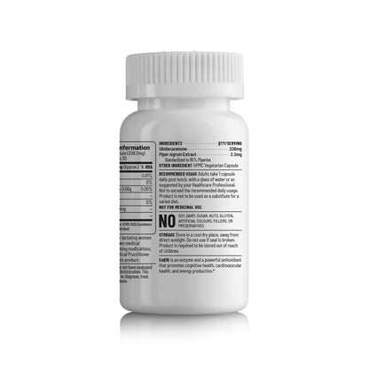 Unived Q-Veg, Natural Fermented CoEnzymeQ10 for Heart Health & Potent Anti-oxidant Activity, Highly Bio-Available with Piperine, 200mg Elemental CoQ10-30 caps