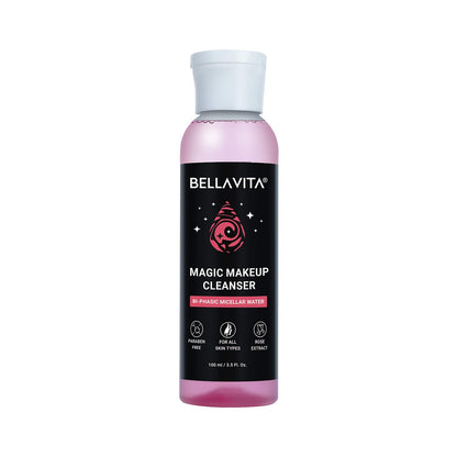BELLAVITA Micellar Water Makeup Remover | Enriched with Rose Extract | Removes Waterproof Makeup | Dual Action Cleansing | Suitable for Eyes & Lips | Gentle Hydration Non-Greasy & Lightweight | 100 ML