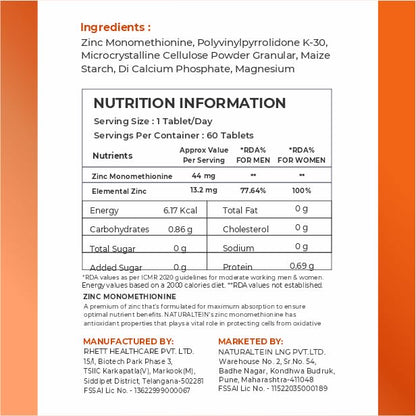 NATURALTEIN â€“ Zinc Monometheonine (60 Tablets) | 44 mg of pure zinc monomethionine, 12 mg of elemental zinc in each tablet | Tested and free from Heavy Metals