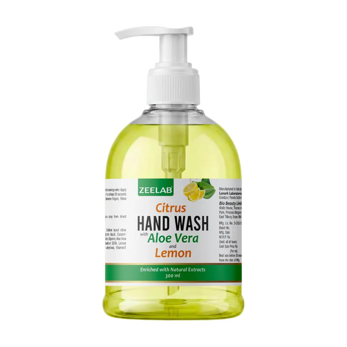 Zeelab Citrus Hand Wash 300ml | Aloe Vera, Lemon Extract, Triclosan & Vitamin E | Gentle Daily Hand Cleanser for Fresh, Soft & Hygienic Hands