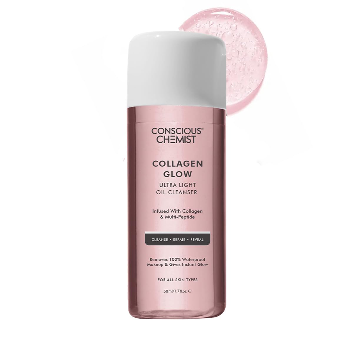 Conscious ChemistÂ® Collagen Glow Ultra Light Oil Cleanser | 50ml | Makeup Remover & Nourishing Oil Cleanser with Hydrolyzed Collagen & Peptides | Improves Elasticity, Smooths Texture & Supports Skin Barrier | For Men & Women, All Skin Types