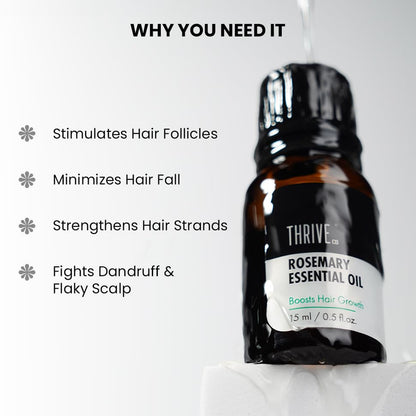 ThriveCo Rosemary Essential Oil | Helps Promote Hair Growth & Control Hair Fall | 100% Pure & Organic | With Vitamin E | Strengthens Hair & Supports Scalp Health | For Men & Women | 15 ml