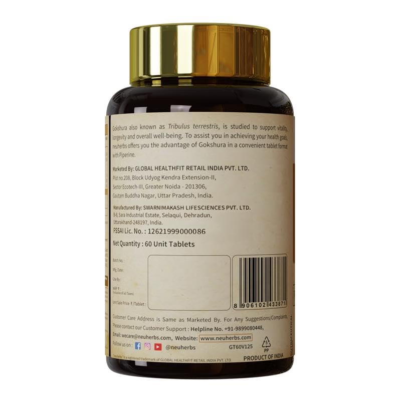 Neuherbs Gokshura Tablets 1000mg | Tribulus Terrestris/Gokhru Supplement For Men | Boost Energy, Strength & Testosterone | With No Added Preservatives - 60 Tablets