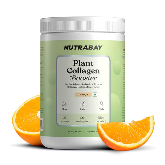 Nutrabay Collagen Booster Plant-Based Collagen Builder for Skin, Hair, Joints & Nails with Vitamin C & E â€“ 250g, Orange Flavor | Tested for Purity | Non GMO