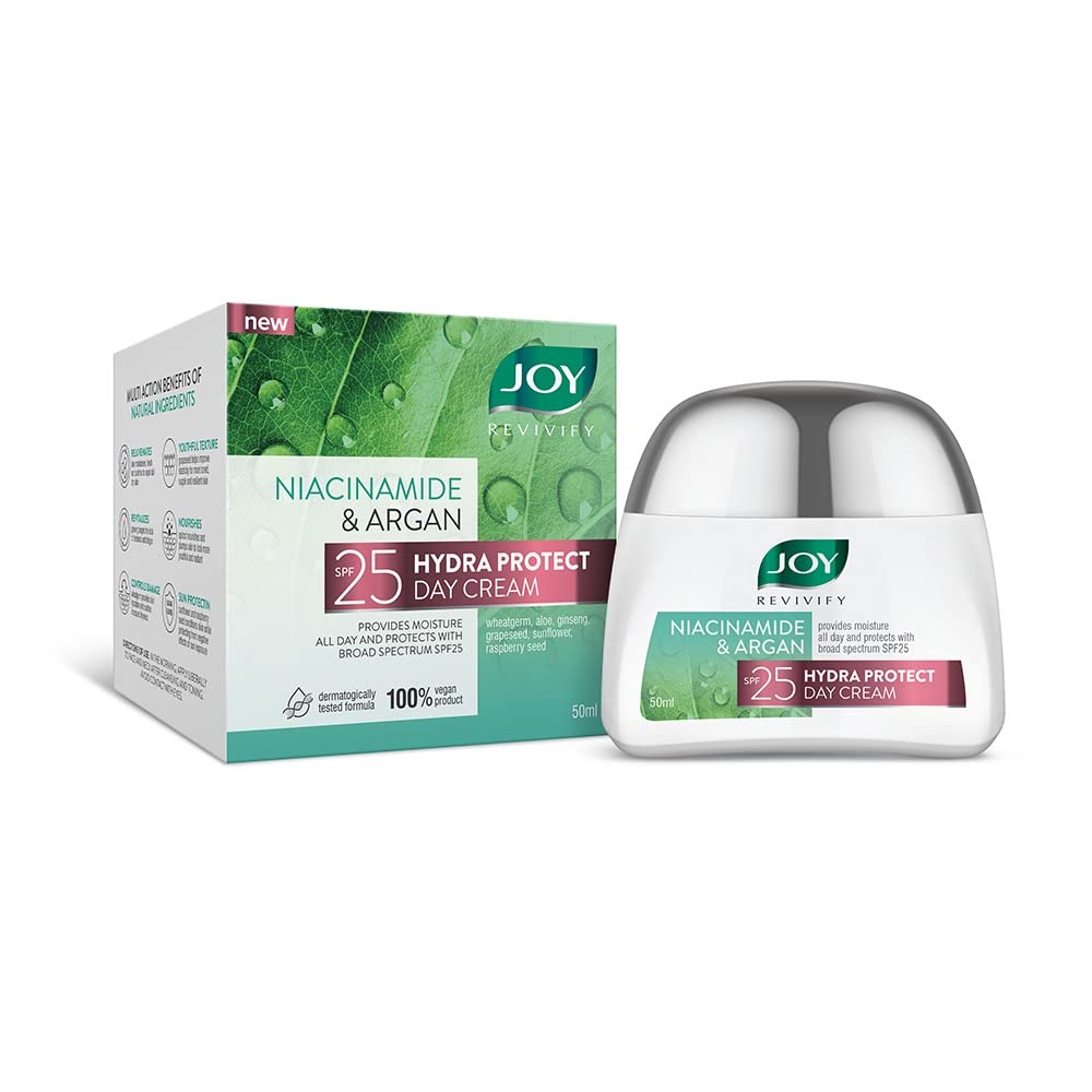 Joy Revivify Niacinamide & Argan Hydra Protect Day Cream SPF 25 |Face Moisturizer | Antioxidants & Multivitamins | UV Protection | Red Raspberry & Grapeseed |Aloe Vera Extracts â€“ 50 ml