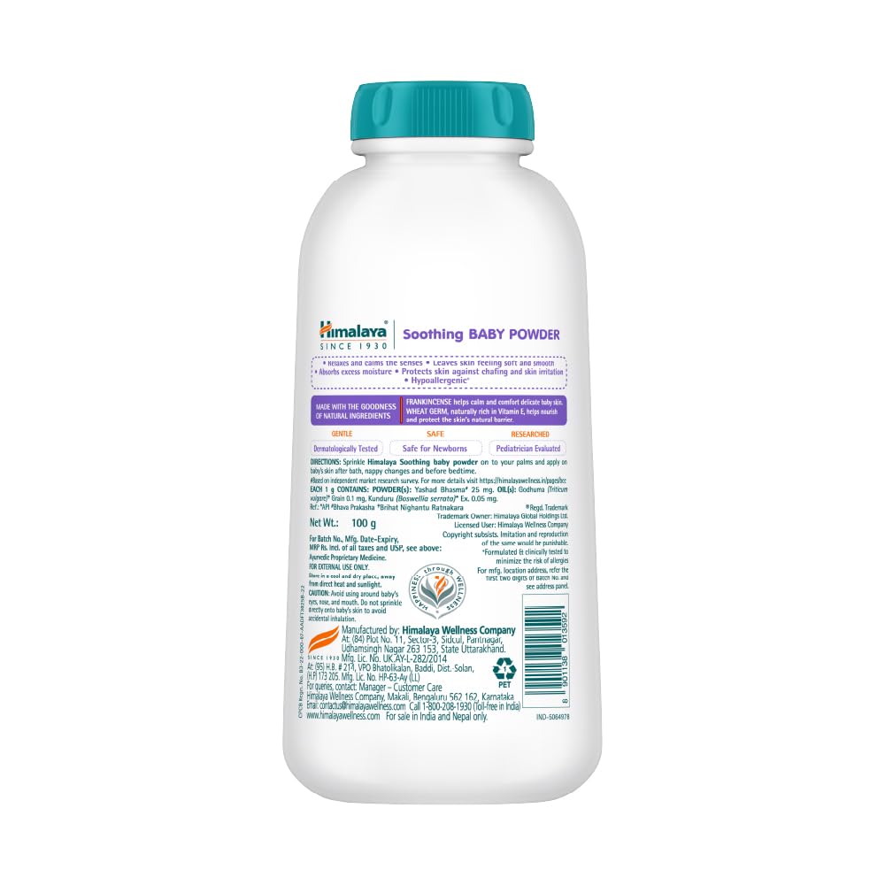 Himalaya Soothing Baby Powder 100gm | No.1 Doctor-Prescribed Brand | Formulated for sensitive skin | Soothes, calms and comforts baby's skin | 99% Natural Origin Ingredients | Free from harsh chemicals