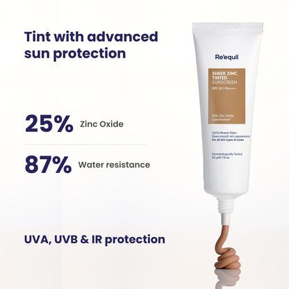 RE' EQUIL Sheer Zinc Tinted Sunscreen, 100% Mineral-Based Sunscreen UVA, UBV, & IR Protection, Water Resistant With SPF 50 PA+++ For All Skin Types, 50g