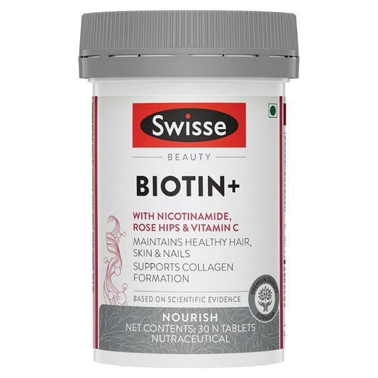 Swisse Biotin+ New Improved Formula with 100% RDA of Biotin (Manufactured In Australia) Boosts Keratin Levels, Reduce Hair Loss and Promote Regrowth with Nicotinamide, Rose Hips & Vitamin C For Healthy Hair, Skin & Nails For Both Men & Women (30 Tablets)