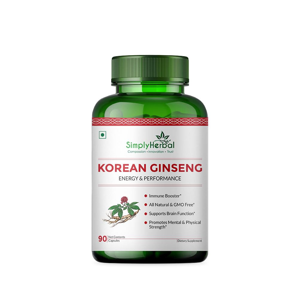 Simply Herbal Korean Red Ginseng 1000mg â€“ 90 Veg Capsules | Energy, Vitality & Stamina Support | Herbal Adaptogen Supplement for Men & Women