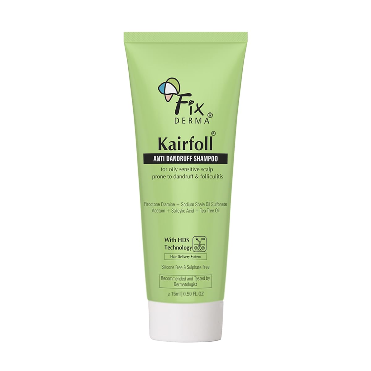 Fixderma Kairfoll Anti Dandruff Shampoo for Oily Sensitive Scalp Prone to Dandruff & Folliculitis | Anti Dandruff Shampoo for Women & Men | 2% w/w Salicylic Acid for Hair Fall Shampoo - 15 ml