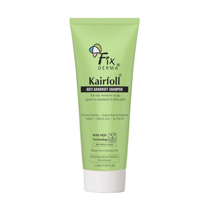 Fixderma Kairfoll Anti Dandruff Shampoo for Oily Sensitive Scalp Prone to Dandruff & Folliculitis | Anti Dandruff Shampoo for Women & Men | 2% w/w Salicylic Acid for Hair Fall Shampoo - 15 ml
